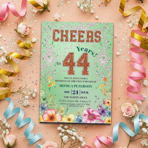 Invitation Fête d'anniversaire 44 ans Floral Pailleté Émeraud