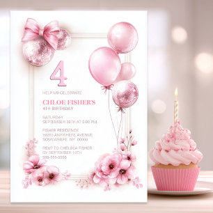 Invitation Fête d'anniversaire 4 ans avec fleurs roses et bal