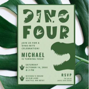 Invitation Fête d'anniversaire 4 ans Dino Four Dinosaure Vert