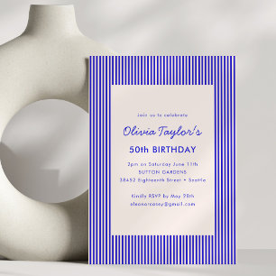 Invitation Fête d'anniversaire 50 ans avec rayure bleu royal