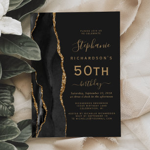 Invitation Fête d'anniversaire 50 ans Black Gold Agate Dark