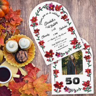 Invitation Fête d'anniversaire 50 ans blanche - Doodle de fle