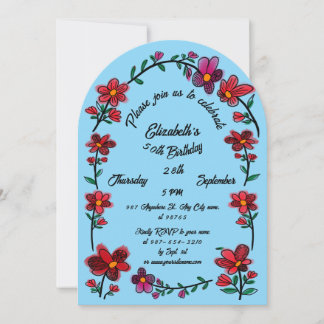 Invitation Fête d'anniversaire 50 ans bleue avec doodle fleur