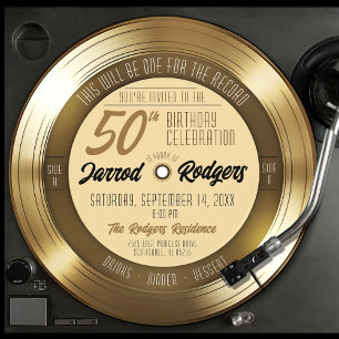 Invitation Fête d'anniversaire 50 ans disque vinyle noir et o