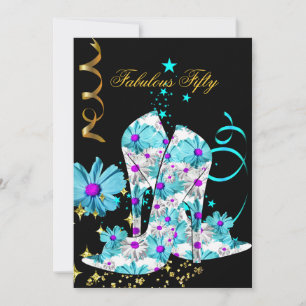 Invitation Fête d'anniversaire 50 ans Fleur Teal Violet Noir