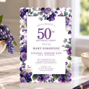 Invitation Fête d'anniversaire 50 ans Fleur violette pourpre