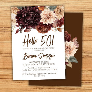 Invitation Fête d'anniversaire 50 ans Fleurs brun beige Flora