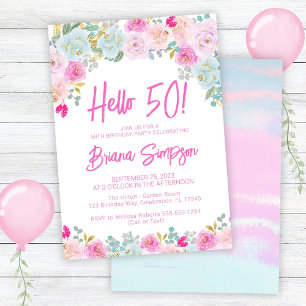 Invitation Fête d'anniversaire 50 ans Floral Rose Bleu Pêche 