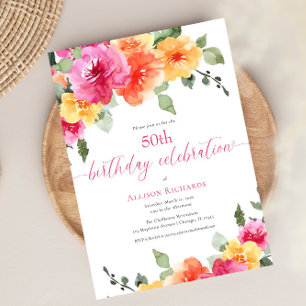 Invitation Fête d'anniversaire 50 ans florale orange rose vif