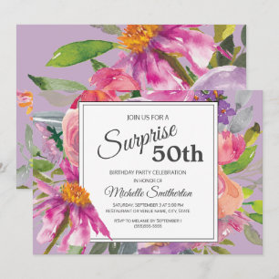 Invitation Fête d'anniversaire 50 ans Garden Purple Pink Flor