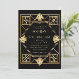 Invitation Fête d'anniversaire 50 ans Gatsby Art Déco Noir