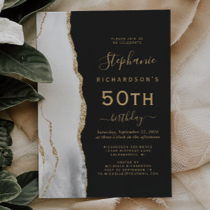 Invitation Fête d'anniversaire 50 ans gris blanc or agate fon