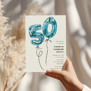 Invitation Fête d'anniversaire 50 ans Minimal Blue 50 Ballon
