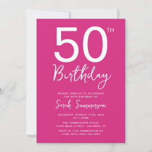 Invitation Fête d'anniversaire 50 ans Minimal Rose Blanc Scri