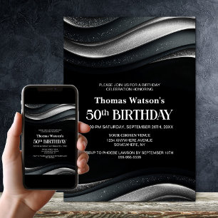 Invitation Fête d'anniversaire 50 ans moderne noir et argent
