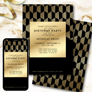 Invitation Fête d'anniversaire 50 ans Moderne Noir et Or Feui