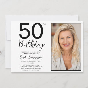 Invitation Fête d'anniversaire 50 ans Photo Noir Blanc Minima