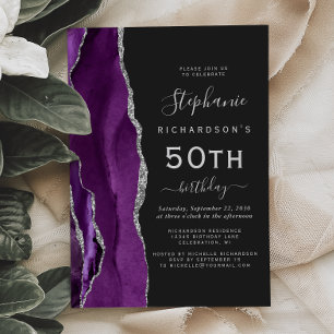 Invitation Fête d'anniversaire 50 ans Purple Silver Agate Dar