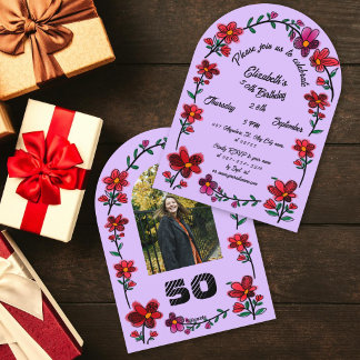 Invitation Fête d'anniversaire 50 ans Violet Doodle Floral Fa