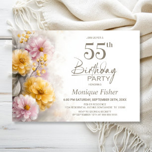 Invitation Fête d'anniversaire 55 ans aux fleurs roses et ora