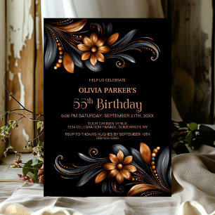 Invitation Fête d'anniversaire 55 ans Black Orange Floral