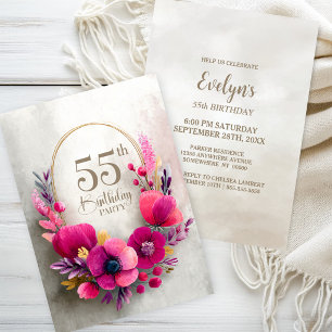 Invitation Fête d'anniversaire 55 ans Fleurs roses