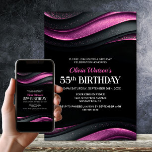Invitation Fête d'anniversaire 55 ans moderne noire et rose