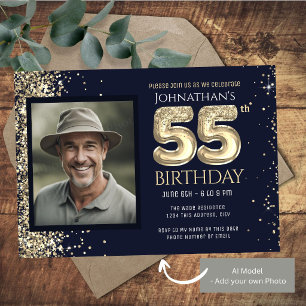 Invitation Fête d'anniversaire 55 ans Or Bleu