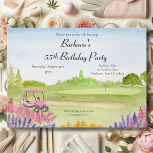 Invitation Fête d'anniversaire 55 ans Panier de golf rose Par