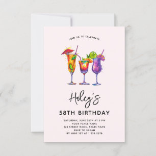 Invitation Fête d'anniversaire 58 ans Cocktails Aquarelle