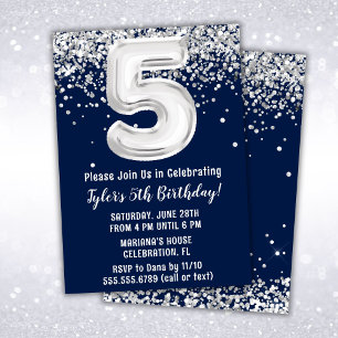 Invitation Fête d'anniversaire 5 ans Bleu Marine Argent