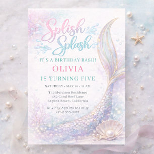 Invitation Fête d'anniversaire 5 ans Mermaid Splish Splash