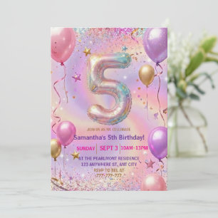 Invitation Fête d'anniversaire 5 ans Paillettes Étincelle Arc