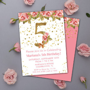 Invitation Fête d'anniversaire 5 ans thème Roses Roses Fleuri