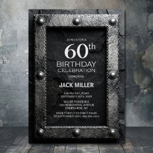 Invitation Fête d'anniversaire 60 ans cadre argent ardoise no