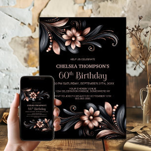 Invitation Fête d'anniversaire 60 ans Floral Black Pink