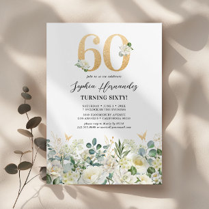 Invitation Fête d'anniversaire 60 ans Floral Vert & Blanc