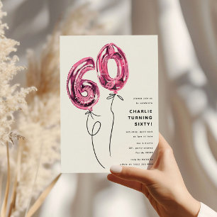 Invitation Fête d'anniversaire 60 ans Minimal Rose 60 Ballon
