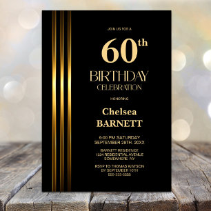 Invitation Fête d'anniversaire 60 ans noir à rayures dorées