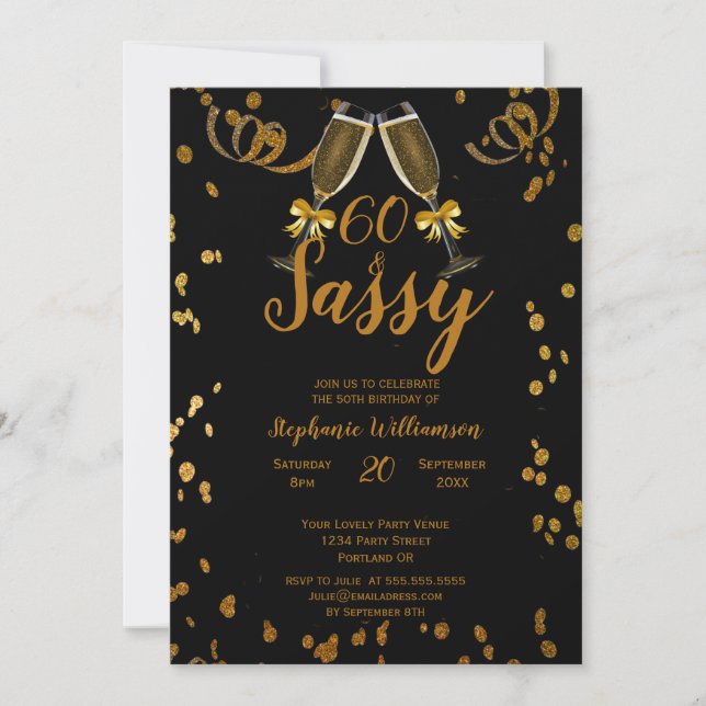 Invitation Fête d'anniversaire 60 ans Noir | Champagne Faux O (Devant)
