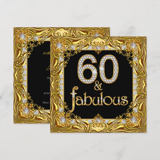 Invitation Fête d'anniversaire 60 ans Or Diamant Noir Fabuleu (Devant / Derrière)