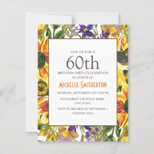 Invitation Fête d'anniversaire 60 ans Tournesols jaunes