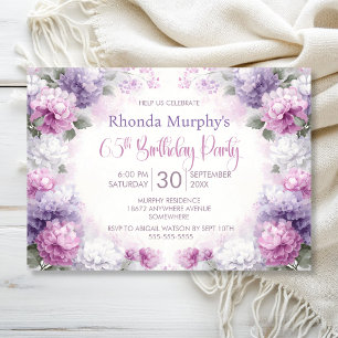 Invitation Fête d'anniversaire 65 ans aux fleurs roses et vio