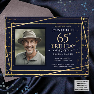 Invitation Fête d'anniversaire 65 ans Photo Or Bleu