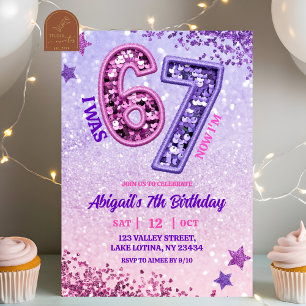 Invitation Fête d'anniversaire 67 paillettes rose violet