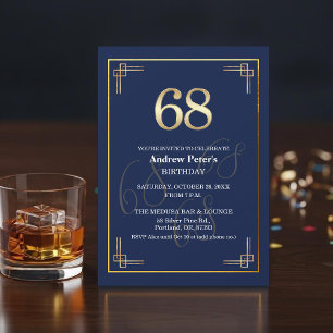 Invitation Fête d'anniversaire 68 ans Elegant Blue Gold