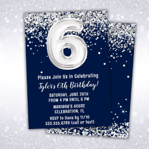 Invitation Fête d'anniversaire 6 ans Bleu Marine Argent