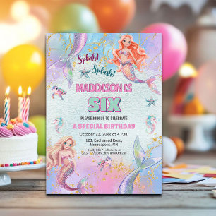 Invitation Fête d'anniversaire 6 ans Sirènes Paillettes sous