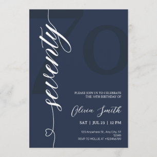Invitation Fête d'anniversaire 70 ans Bleu Nuit et Blanc Mode