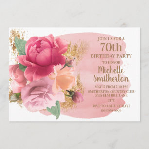 Invitation Fête d'anniversaire 70 ans Fleurs roses Paillettes